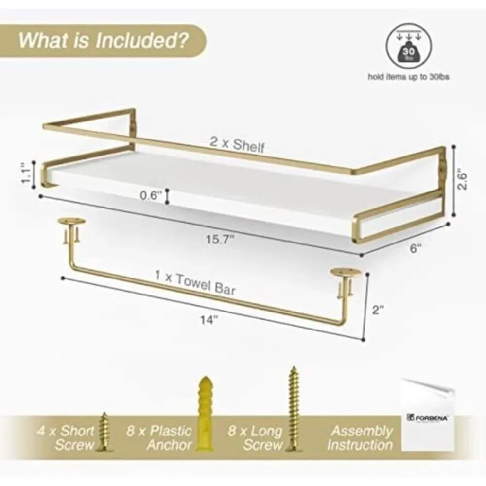 New Set of 2 Floating Bathroom Shelves, White & Gold Wall Organizer